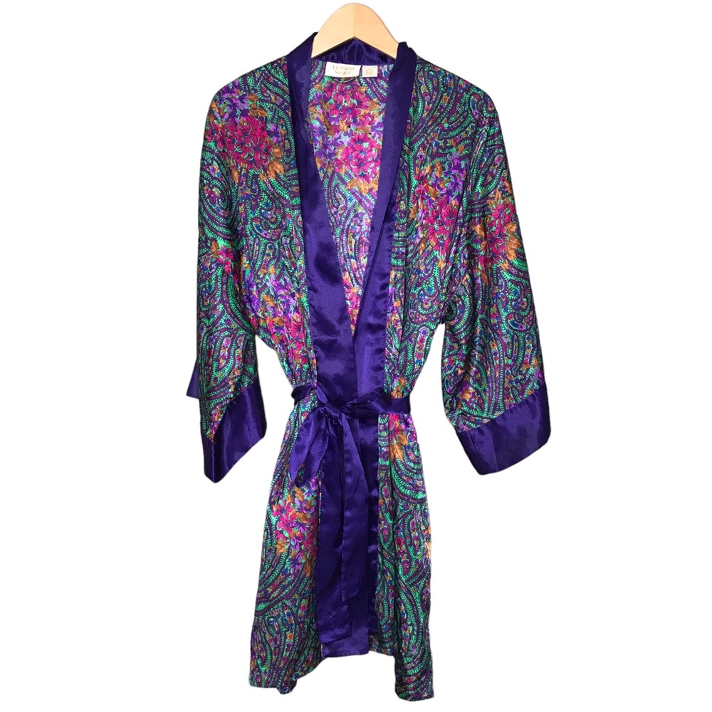 Gold Label Vintage Victoria's Secret Purple Satin Silky Floral Lounge Robe